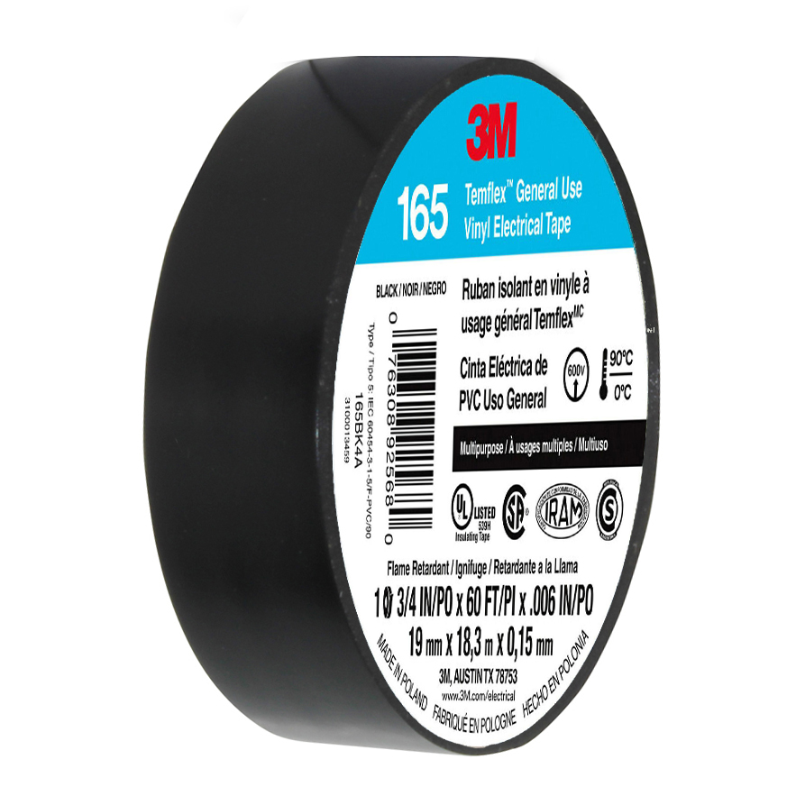 (2 ROLLS) 3M TEMFLEX 165 ELECTRICAL TAPE BLACK 3/4" x 60 FT INSULATED ELECTRIC